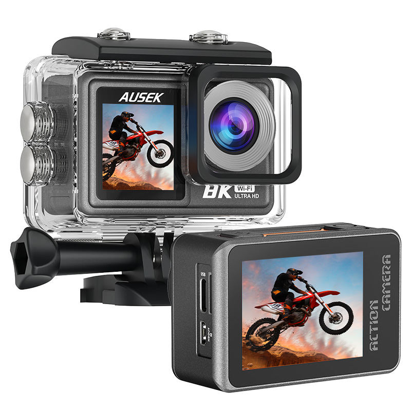 AUSEK AT-M86 8K Action Camera - Flagship High-Definition Sports Camera with 6-Axis Gyroscopic Stabilization & Dual Screen