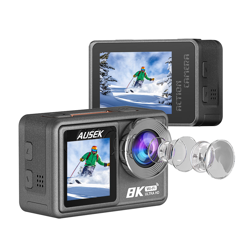 AUSEK AT-M86 8K Action Camera - Flagship High-Definition Sports Camera with 6-Axis Gyroscopic Stabilization & Dual Screen
