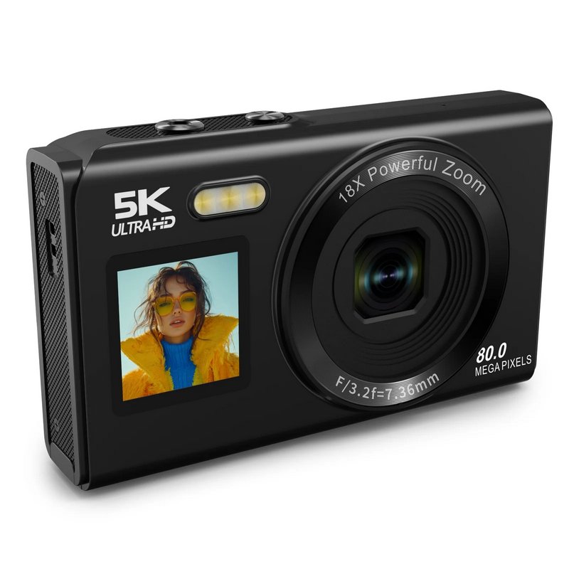 Ourlife Compact Travel Digital Camera for Vlogging, 5K 80MP Dual Screens Autofocus 18X Zoom, Beginner-Friendly Starter Camera with 64GB Card & 2 Batteries, Black