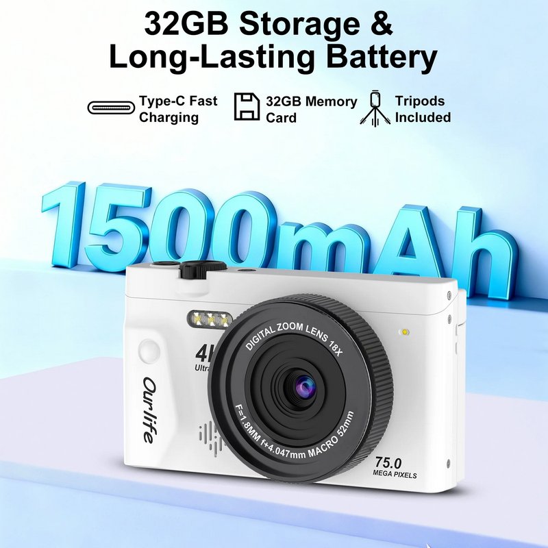 4K Digital Camera 75MP with Autofocus, 18X Zoom Vlogging Camera for Youtube, 3