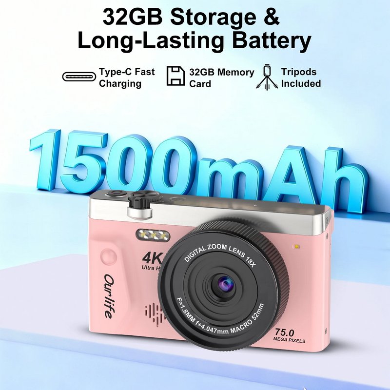 4K 75MP Digital Camera for Photography, Autofocus Vlogging Camera with 18X Zoom, 3