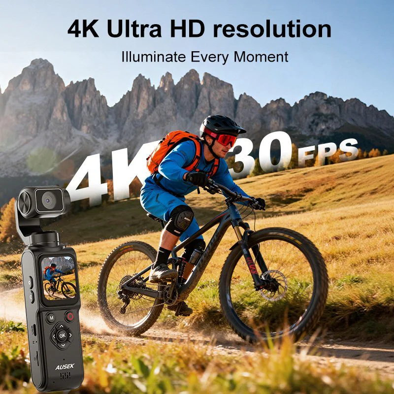 Pocket gimbal camera beside mountain biking action scene