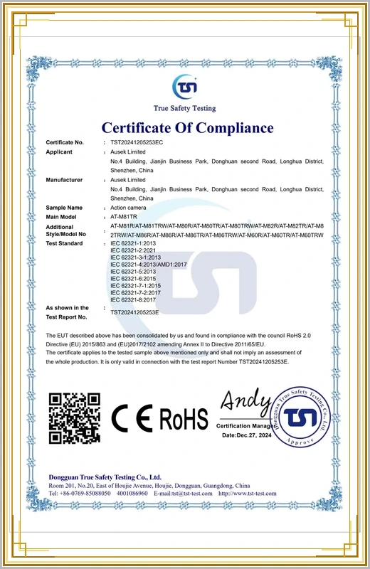 AUSEK Action Camera CE and RoHS Certificate