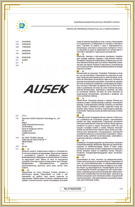 AUSEK European Union Trademark Certificate