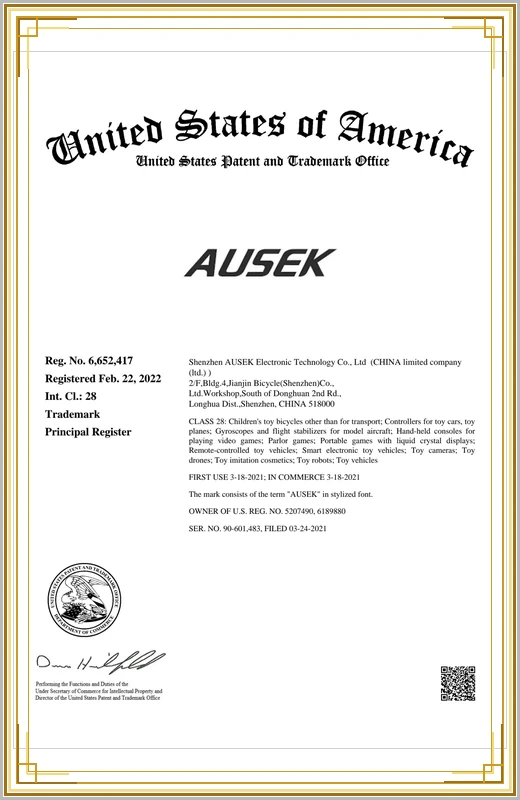 AUSEK United States Class 28 Trademark Certificate