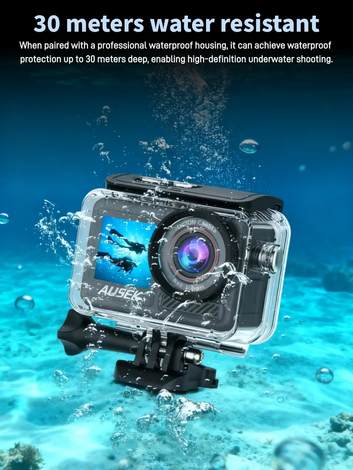 AT-M90TR action camera waterproof housing and accessory detail
