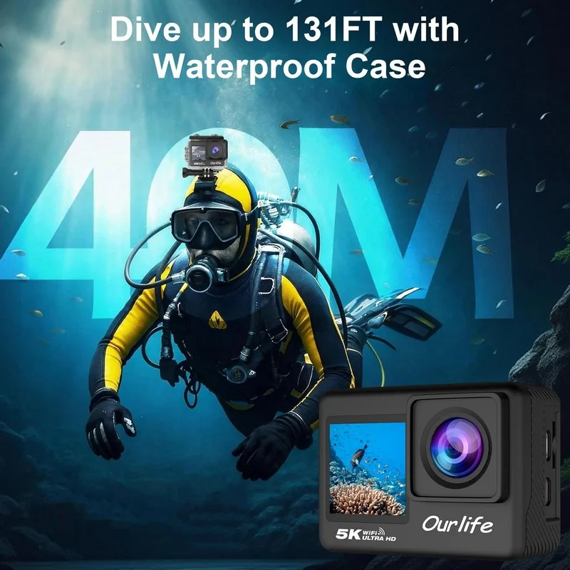 Action Camera 5K 30FPS Waterproof Camera Underwater 100FT with EIS WiFi App Remote Control 64GB Card 170° Wide Angle Sports Helmet Bike Video