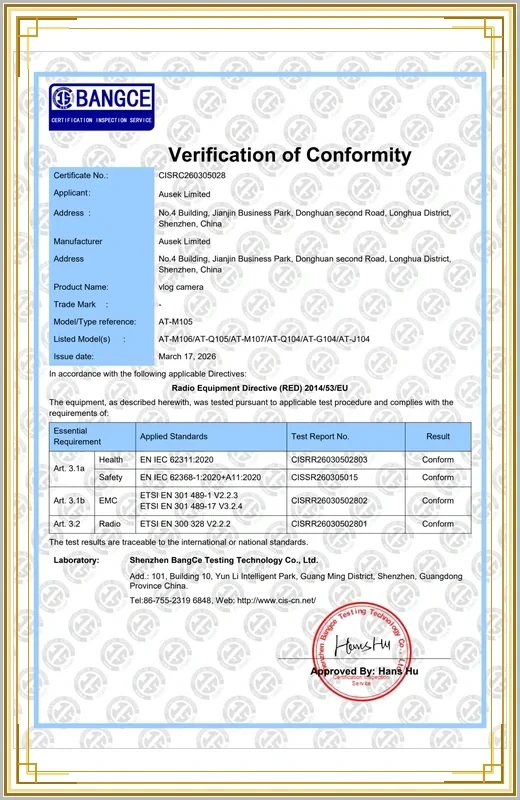 AUSEK Vlog Camera RED CE Certificate