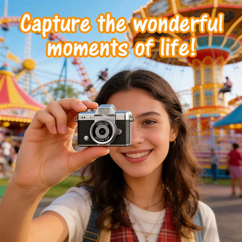 Woman holding LK027 mini camera at an amusement park