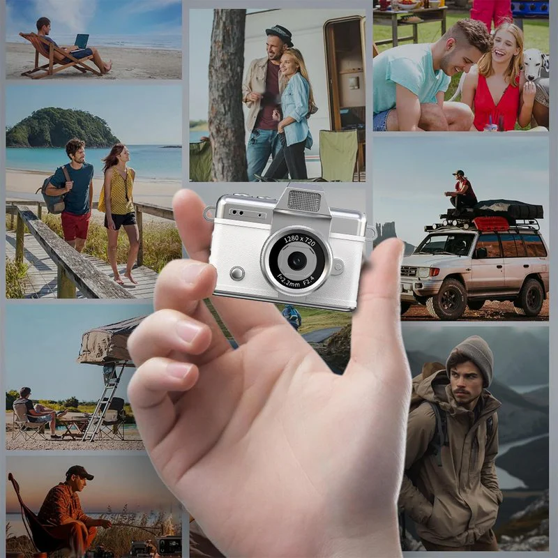 Hand holding white LK027 against travel scene collage