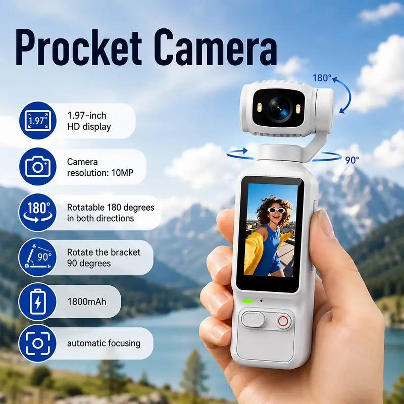 AT-H32 pocket camera feature overview graphic with rotating camera head