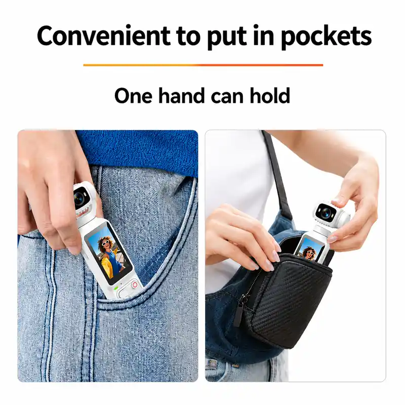 AT-H32 compact pocket camera shown in pocket and bag carrying examples
