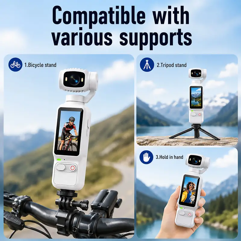 AT-H32 pocket camera shown with bicycle, tripod and handheld supports AT-H32 pocket camera shown with bicycle, tripod and handheld supports
