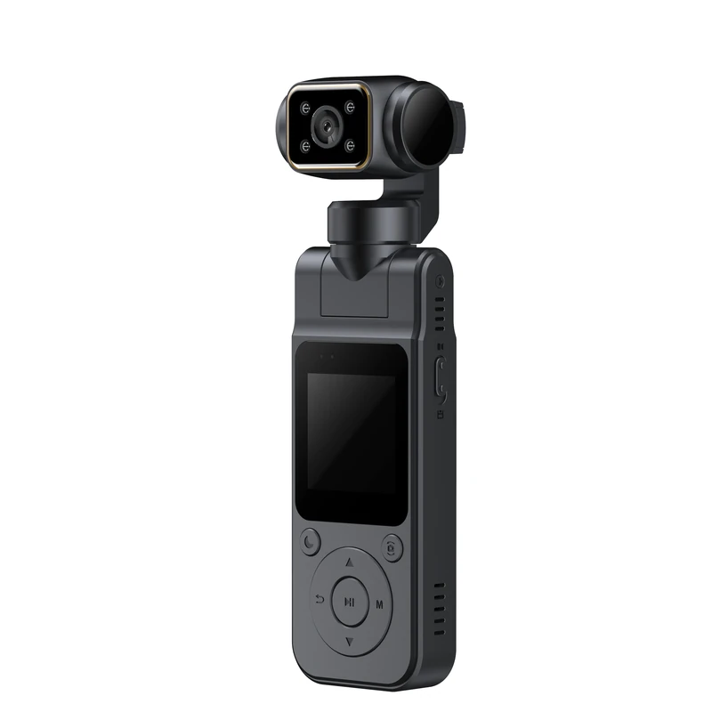 AT-J104 black pocket camera front view with infrared LEDs and display