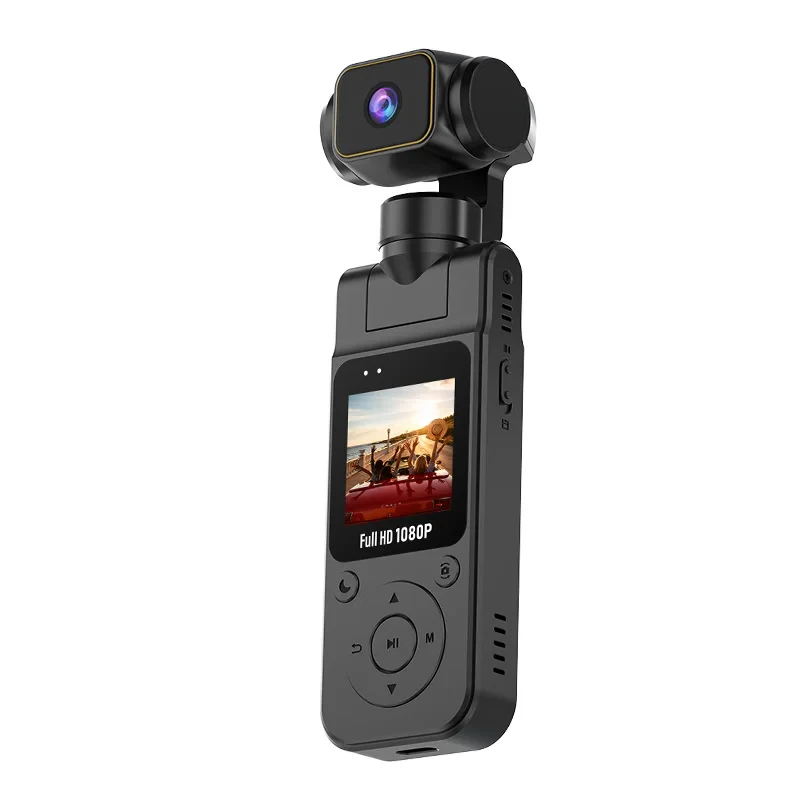 AT-J104 black pocket camera front view with rotating lens and display