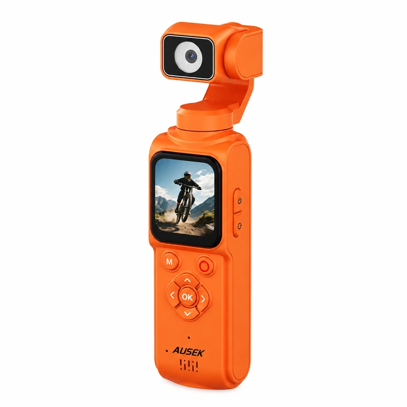 Orange pocket gimbal camera shown from front right
