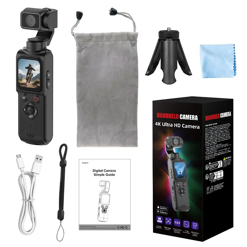 Pocket gimbal camera displayed beside pouch tripod cable and manual