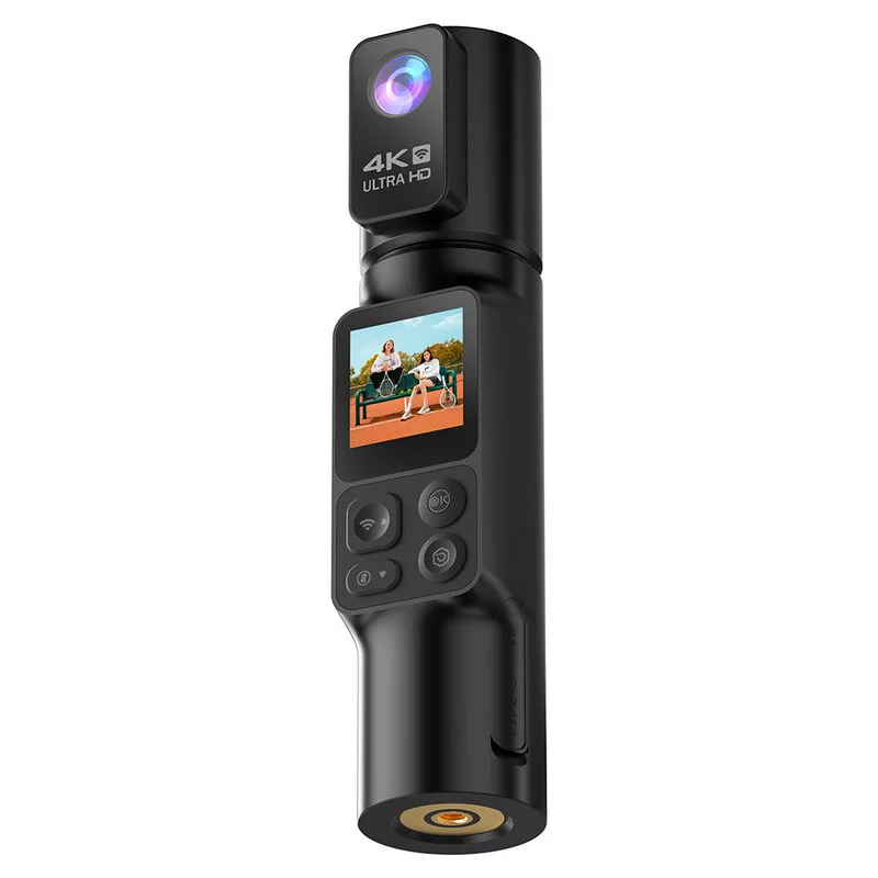 Black cylindrical pocket camera with screen and four front buttons