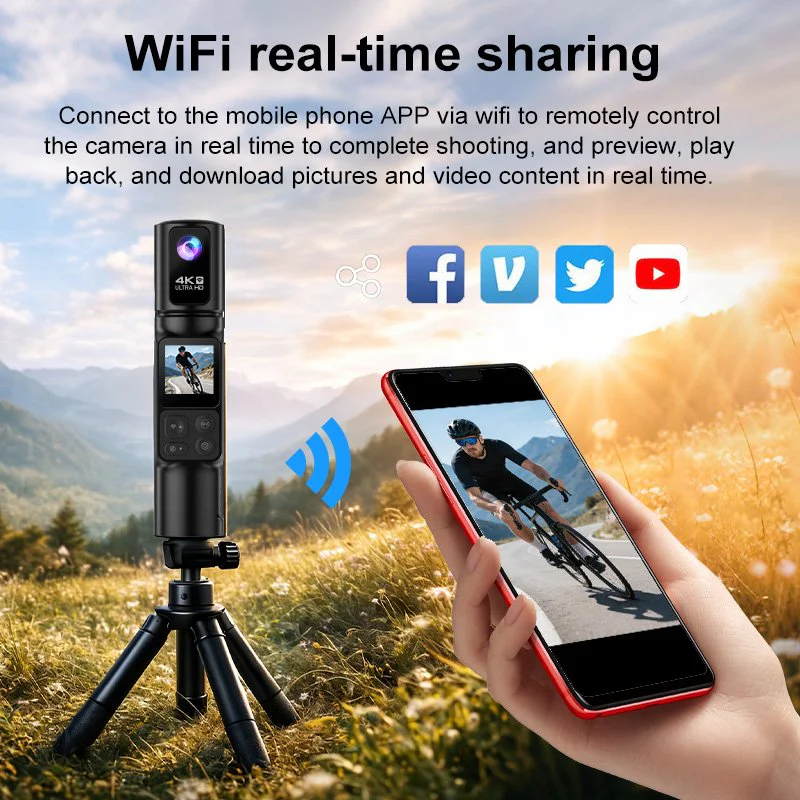 Tripod mounted pocket camera beside smartphone sharing scene