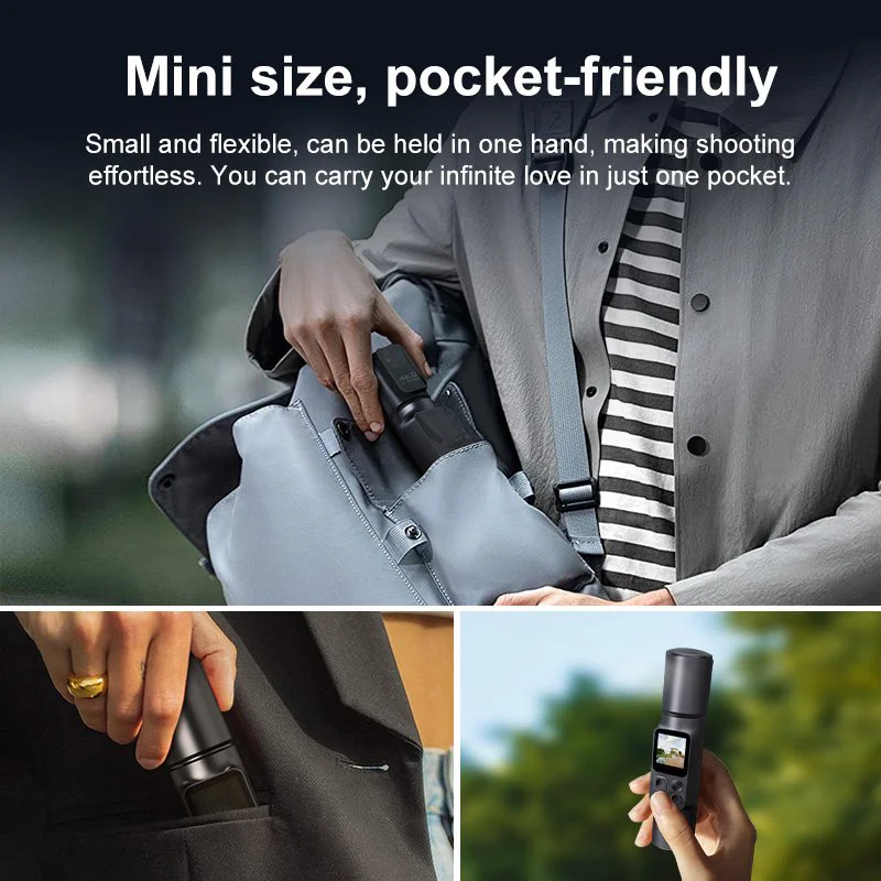 Pocket camera shown in handbag pocket and handheld scenes