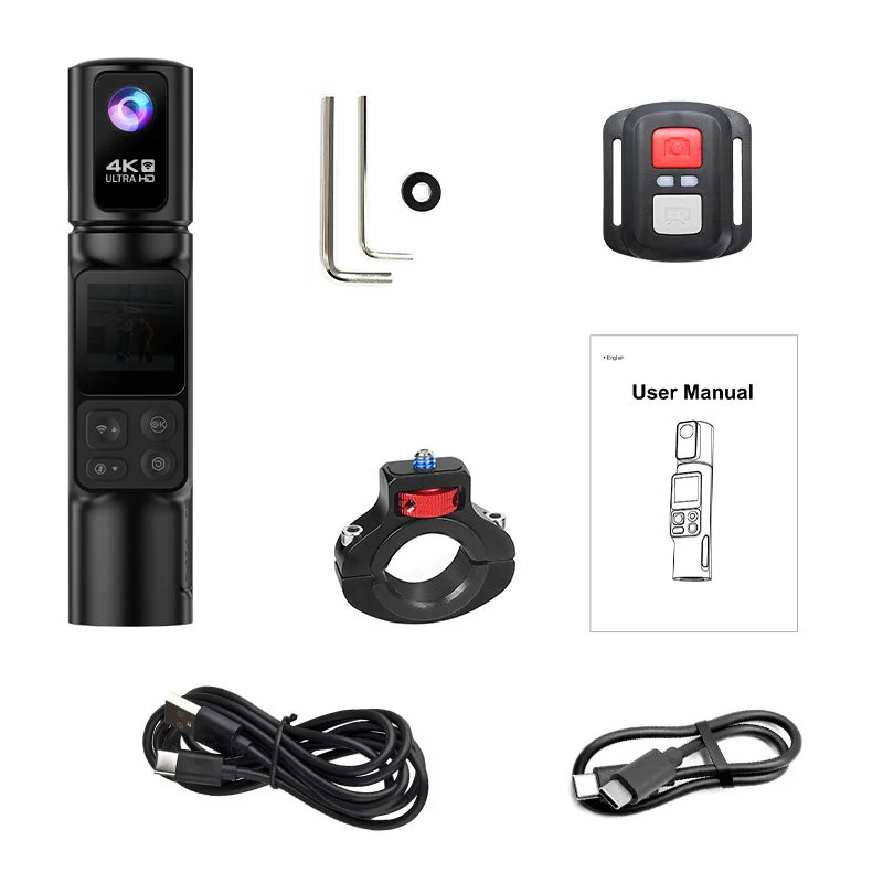 Pocket camera displayed beside mounts remote cables tools and manual