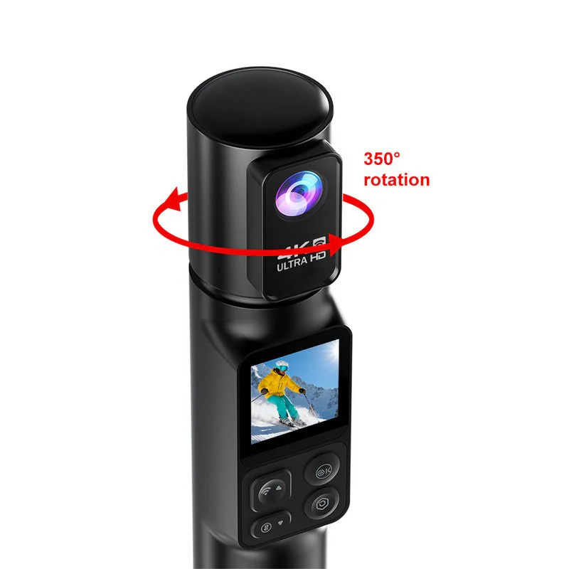 Close view of rotating cylindrical camera head with red arrows