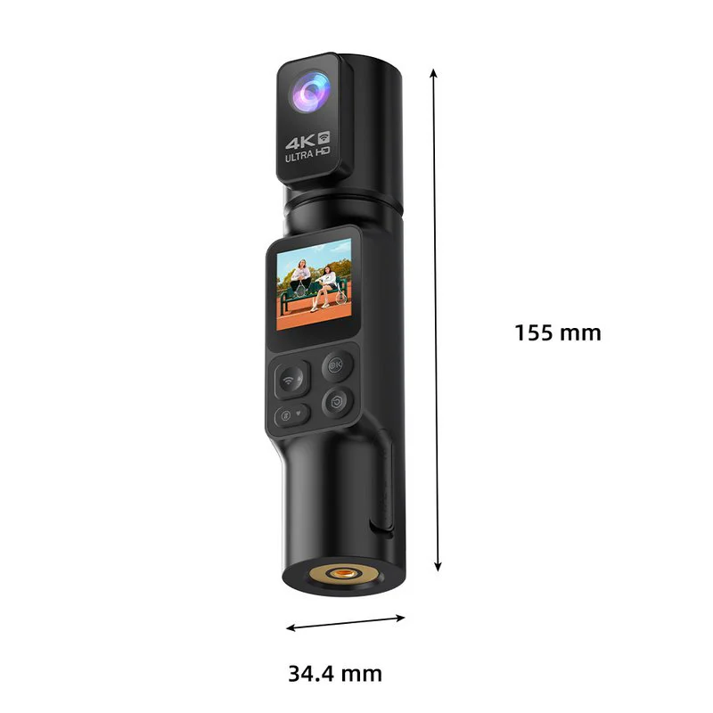 Black cylindrical pocket camera with visible dimension markers