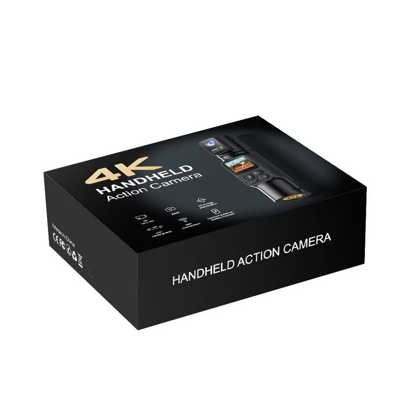Retail box for handheld camera shown at an angle