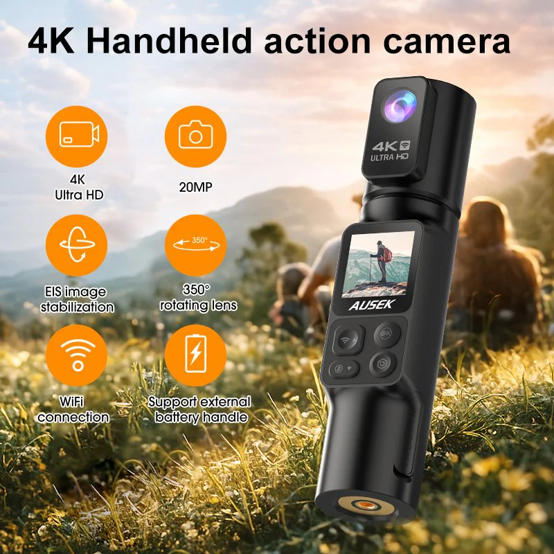 Cylindrical pocket camera on outdoor feature promotional graphic
