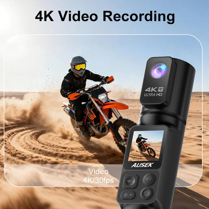 Pocket camera beside desert motorcycle recording scene