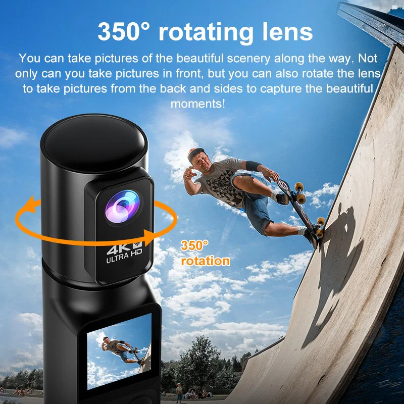 Rotating pocket camera lens graphic beside skateboarder scene