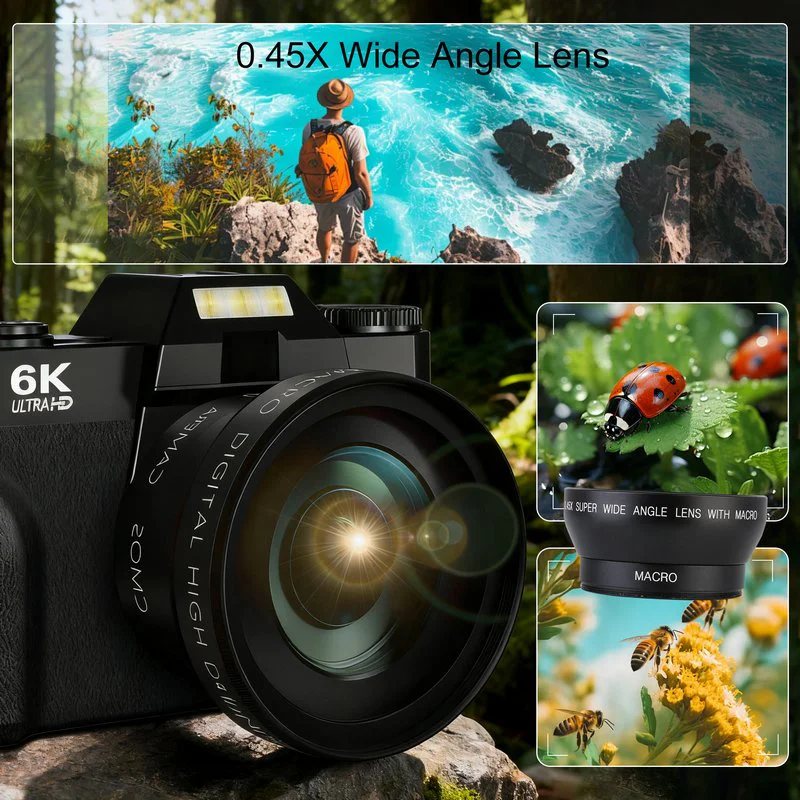 Digital camera with wide-angle lens and scenic macro sample insets