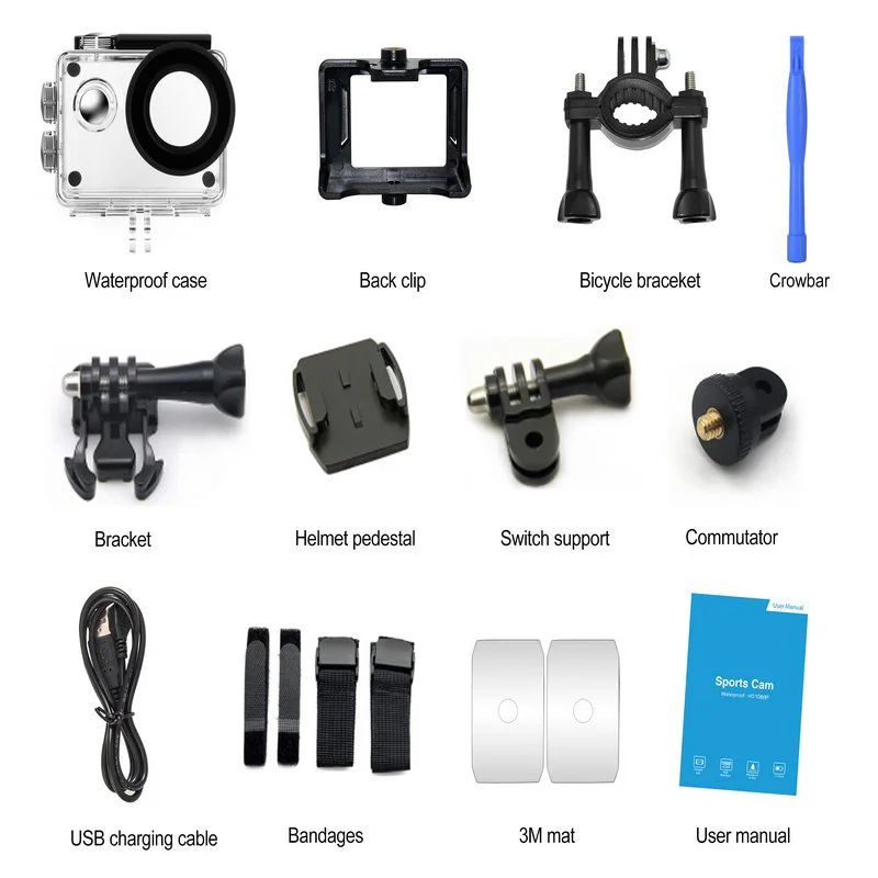 Protective housing mounts straps charging cable and manual layout