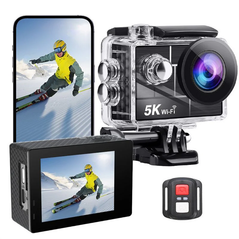 Housed action camera rear display smartphone and wrist remote