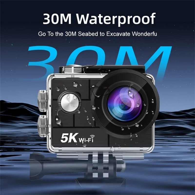 Action camera in clear housing with water droplet graphic