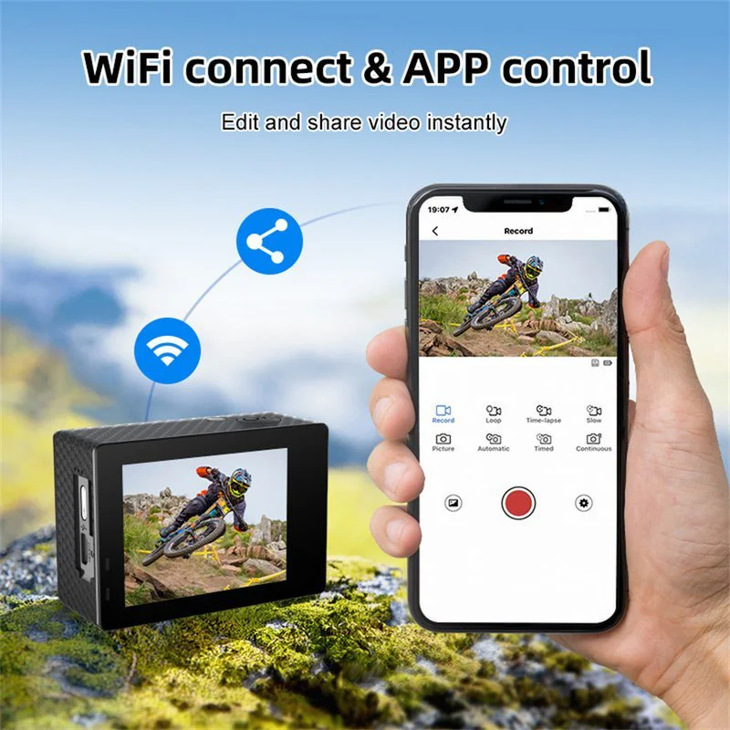 Action camera and smartphone showing wireless app control interface