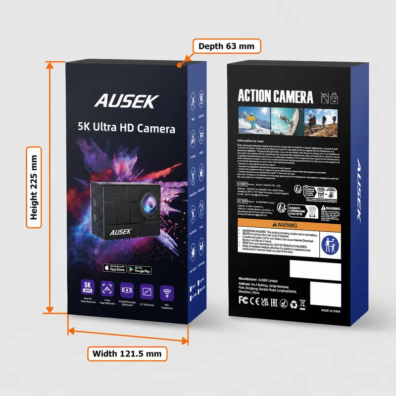 Action camera retail box shown from front and back