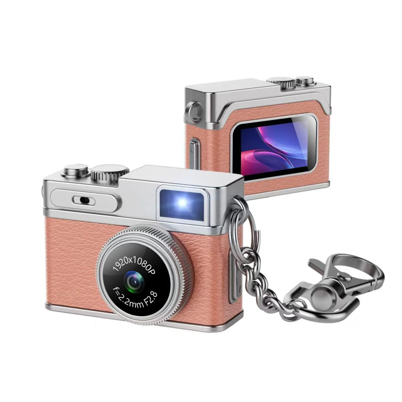 AC-G1 pendant mini camera showing its front, rear color screen and clasp