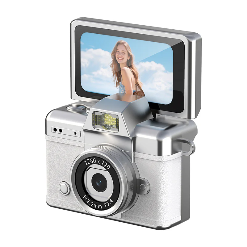 AC027 mini camera with its flip display raised above the front LED fill light