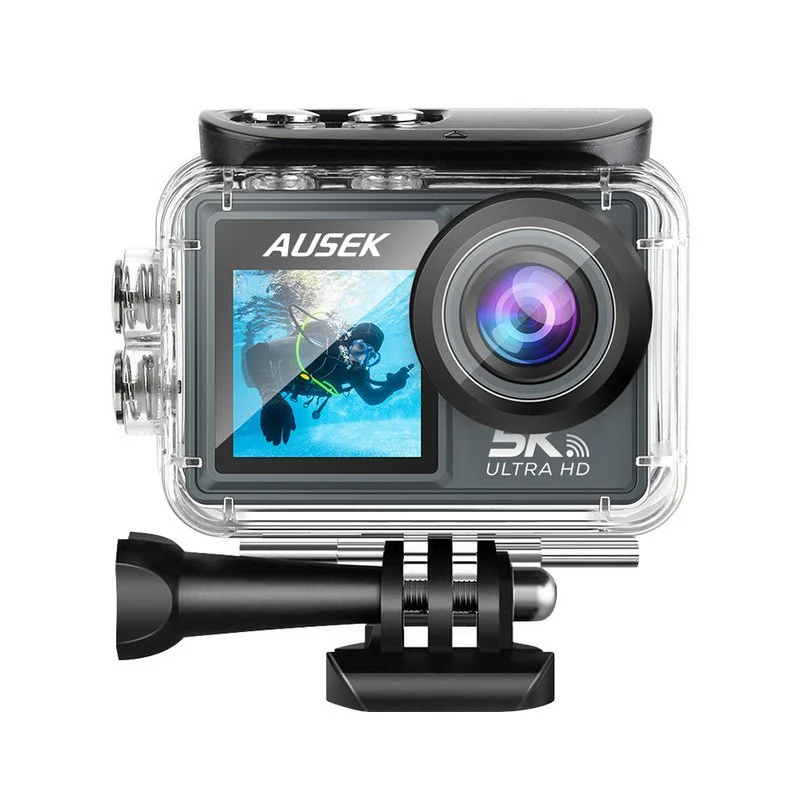 AT-M40TRW inside a clear waterproof housing with a mounting bracket.