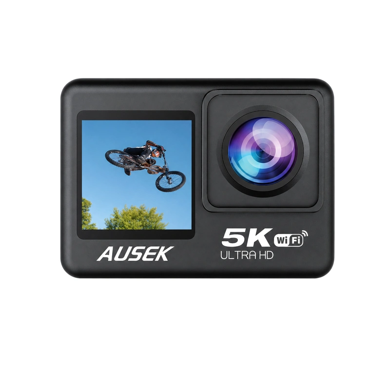 Front view of an AUSEK action camera with an existing brand mark below the display.