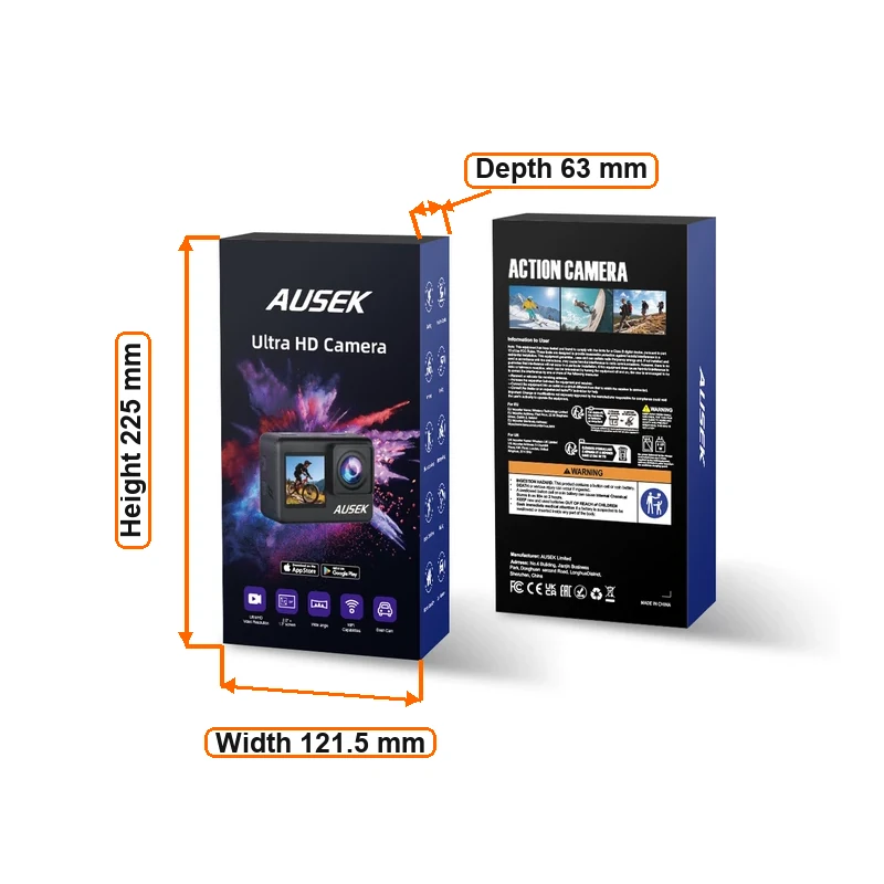Front and back of an existing AUSEK retail box with printed dimensions.