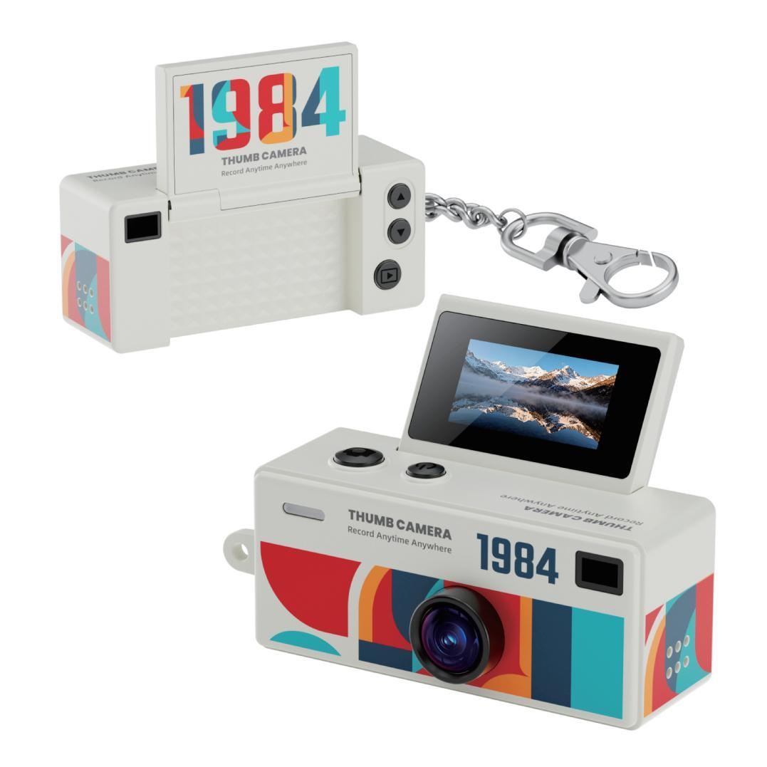 AC-G62 keychain camera with its flip screen open, shown from front and rear