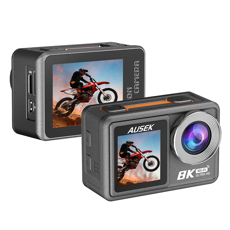 Front and rear views of the AT-M86TR action camera showing both displays