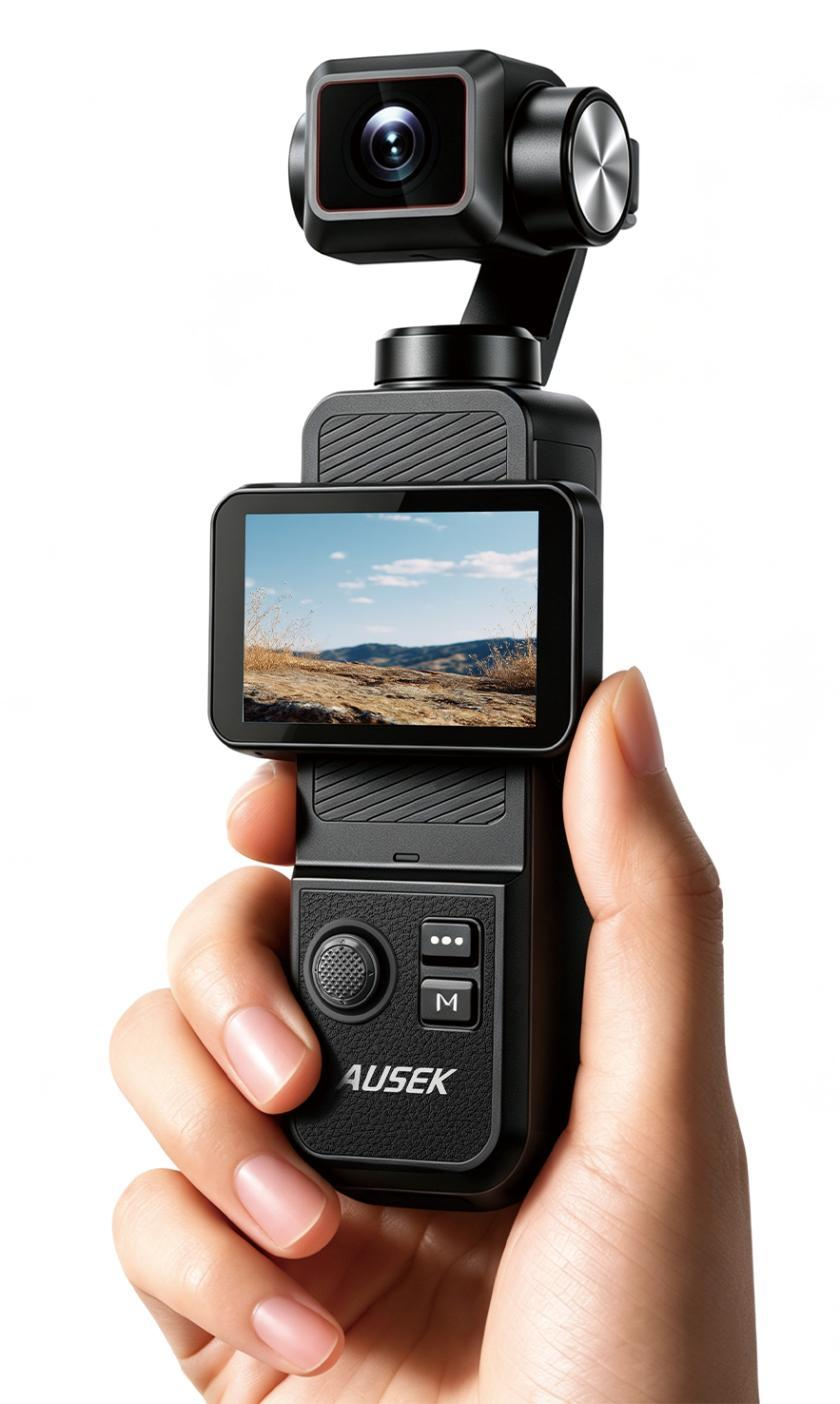 Black AT-N108 pocket camera held in one hand with the display in landscape position