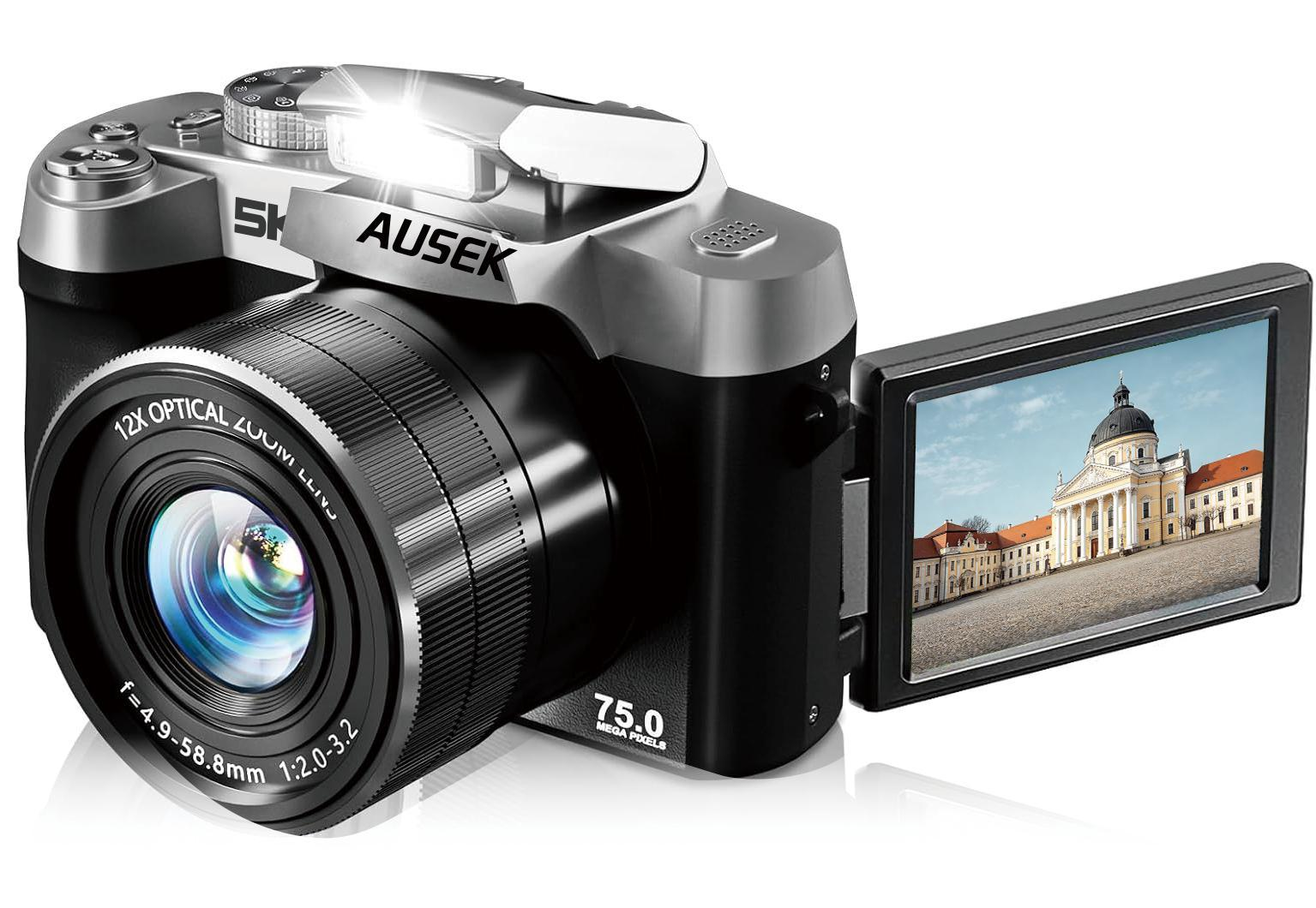 AC-WD09 12x optical zoom digital camera with its flip screen extended