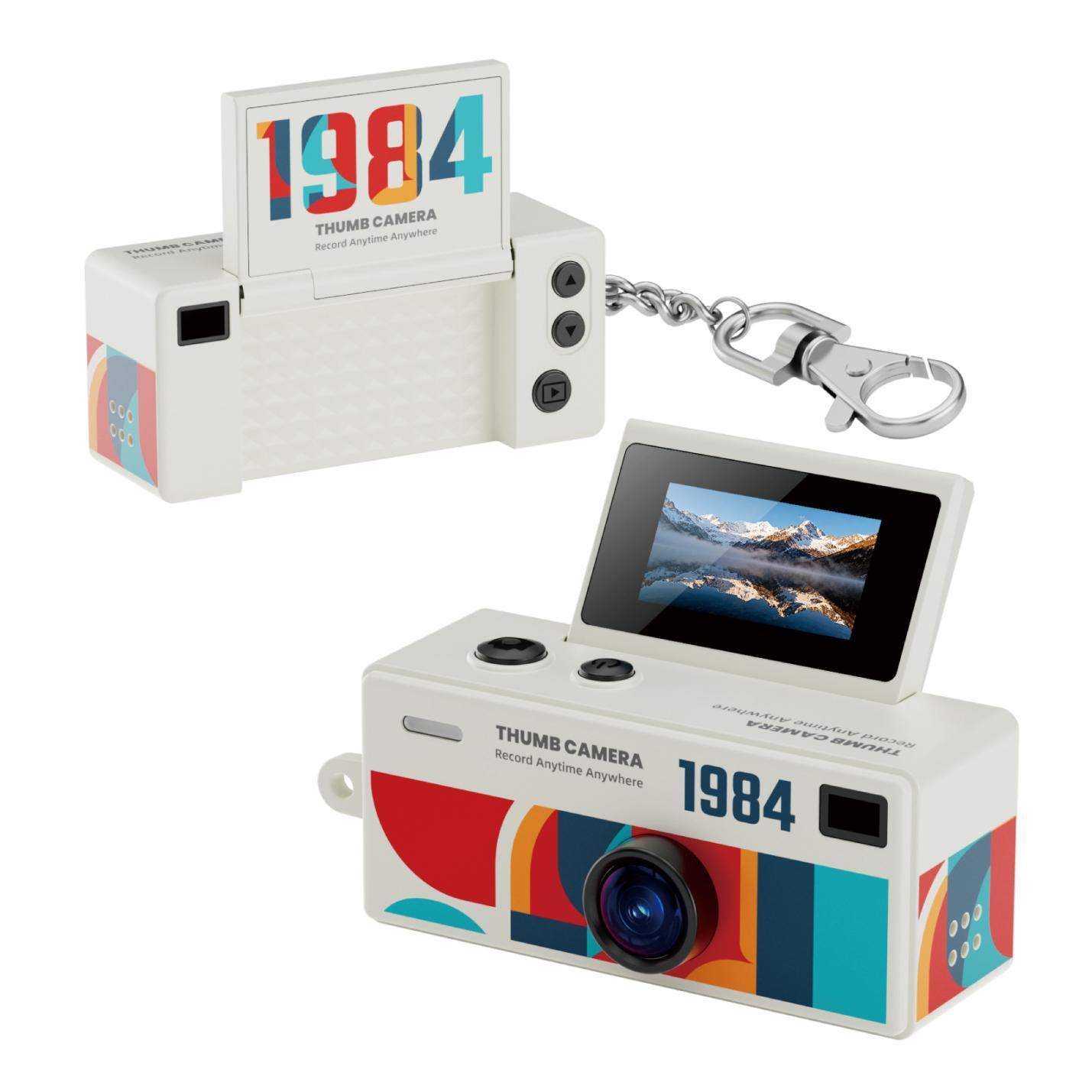 Front and rear views of the AC-G62 mini camera with its graphic design, flip screen and keychain