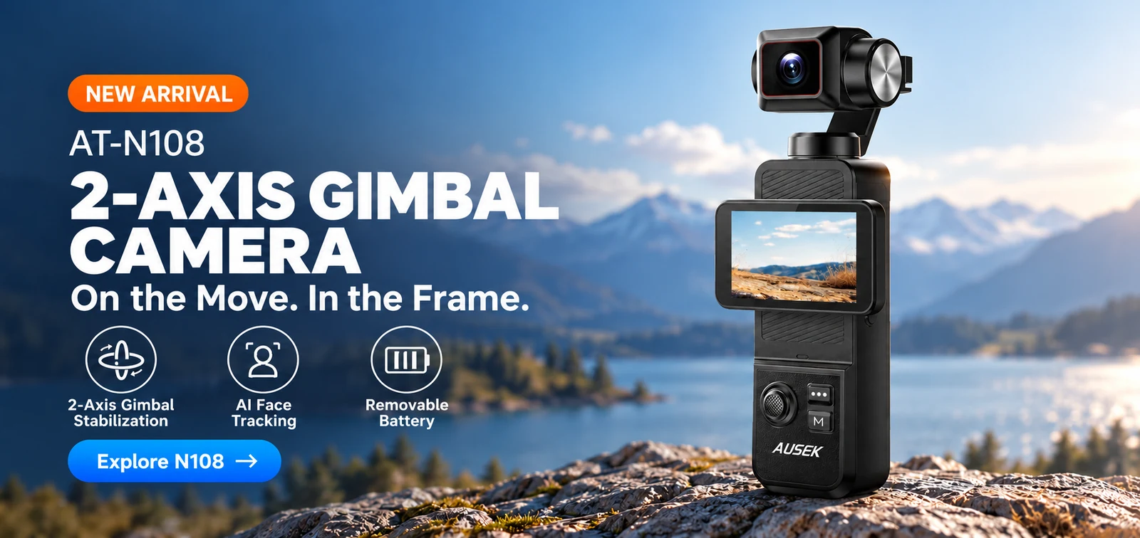 AUSEK AT-N108 New 2-Axis Gimbal Camera with AI Face Tracking and Removable Battery