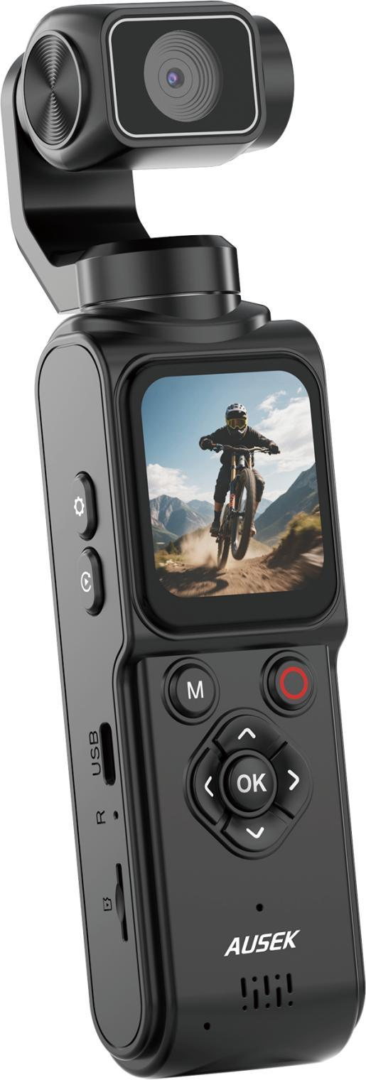 AT-M105 product visual showing the rotating camera head, display and controls. The screen content is illustrative, not a face-tracking test.