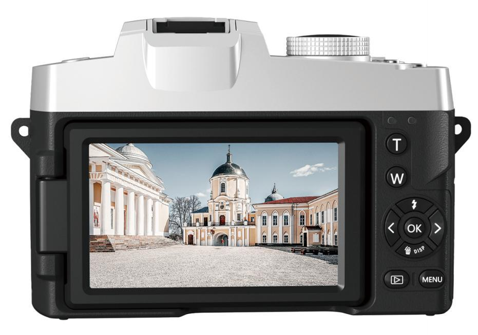 Rear product visual of AC-WD09(12X), showing the display and control layout. Use this view to explain the transition between shooting and playback.